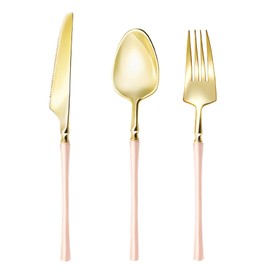 Lullaby 90pcs Gold Plastic Silverware, High End Disposable Cutlery with Pink Handle Include 30 Forks, 30 Spoons, 30 Knives, Elegant Disposable Silverware for Wedding, Party, Gathering and Daily Use