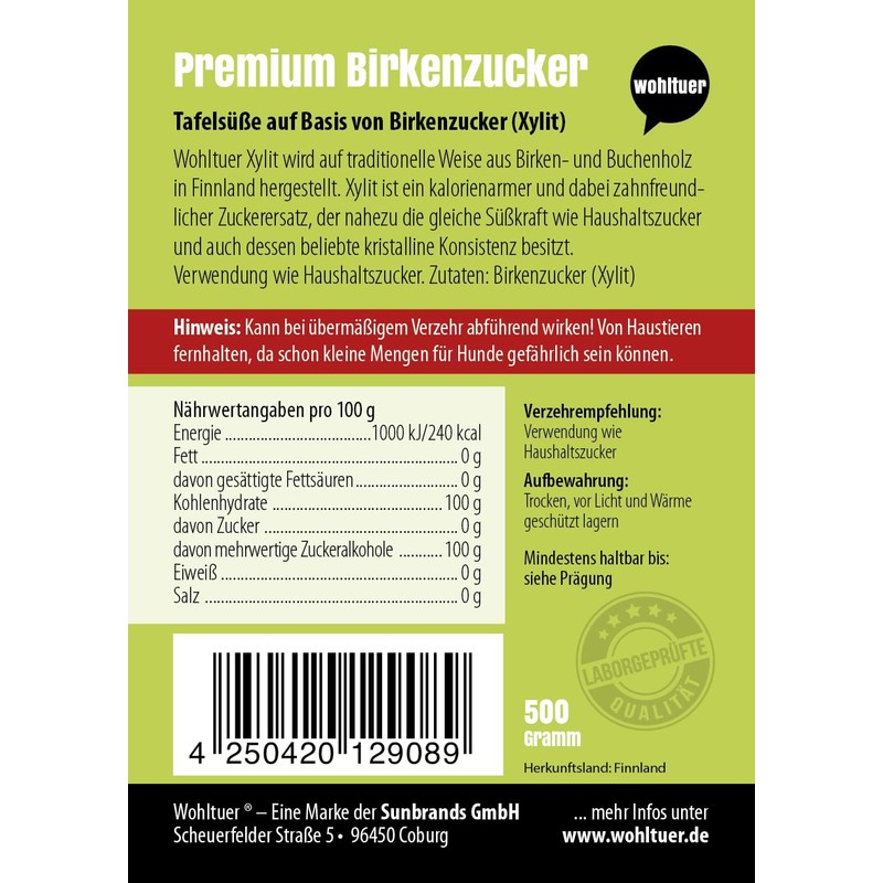 Wohltuer Xylitol - The Real Birch Sugar from Finland 500