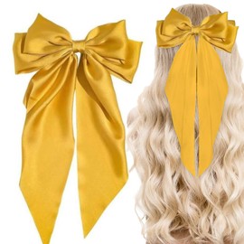 Big Bow Hair Clips,Yellow Big Bowknot Hairpin French Hair Clips with Long Ribbon,Silky Bow Hair Clip for Women,Big Bow Hair Clips,Large Bowknot Hairpin,Soft Hair Barrettes Accessories for Girls Women
