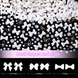 3D Nail Gems and Charms, Bows Nail Art and Flatback Gems Pearls, White Nail Bows 3D Nail Charms, Pearls Gems Nail Art Nail Pearls for Nail Art DIY with Pickup Tools