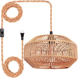 Maliralt Hanging Lamps Rattan Pendant Light Hanging Lights 16.4ft Plug in Cord Pendant Light Fixture Plug Into Wall Outlet Pendant Lighting with On Off Switch for Bedroom Living (Pumpkin Shade)