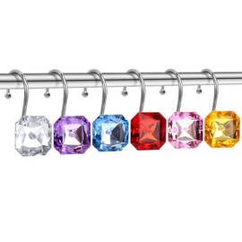 EleCharm 12PCS Decorative Crystal Shower Curtain Hooks,Stainless Steel Rust Resistant Square Rhinestones Shower Curtain Rings Hangers Multi-purpose (6 Colors)
