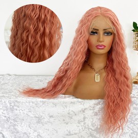 MACA BAKA Loose Curly Pink Synthetic 13x4 Lace Front Wig for Women Glueless Peach Pink Long Water Wave 13x4 Lace Front Wigs Pre Plucked with Baby Hair 24 Inches 150 Density
