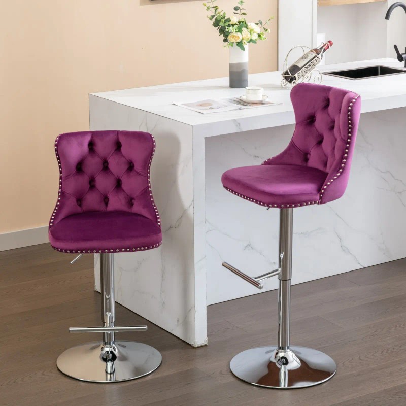 Purple Velvet Barstools Adjustable Height Chrome Base Swivel Tufted Back