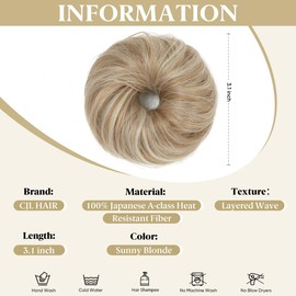 CJL HAIR 2PCs Small Cute Messy Bun Hair Piece for Thin Hair Women Girl Mini Synthetic Curly Bun Scrunchies Updo Hairpieces for Kids Sunny Blonde