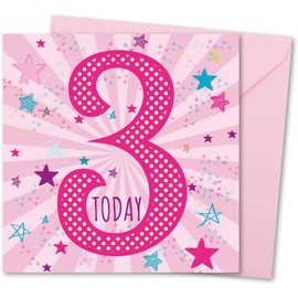 Birthday Card for Girl Age 3. Girl Birthday Card with Matching Envelope. Pink Star Burst design. Card size 148x148mm. Eco-friendly. Message inside. Printed and Packed in UK.
