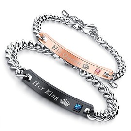 Flongo One Pair of Stainless Steel Bracelets with Zirconia Text Engraving, Love Vows, Rose Gold and Black Partner Bracelets, Love Jewellery, Gifts for Valentine's Day, Birthdays, Anniversaries, Cubic