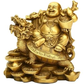Laughing Buddha Statue Gold Large Sitting Feng Shui Dragon Turtle Home Brass New