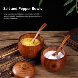 2PCS Kitchen Spice Jar, Wooden Seasoning Jar with Lid and Spoon Japanese Style Sugar Bowl Condiment Container Kitchen Canister for Home