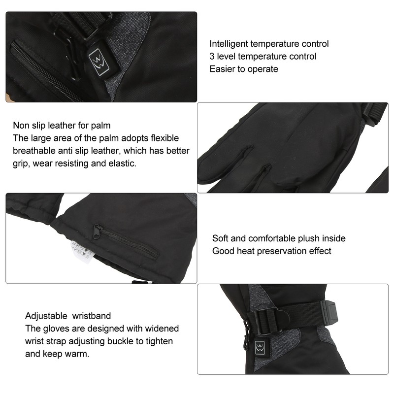 One Pair Heated Gloves Unisex Black XL 3 Gears Temperature