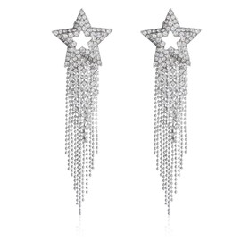 Sparkling Star Earrings Bohemian Long Fringe Rhinestone Crystal Long Waterfall Beaded Fringe Dangle Drop Earrings Crystal Meteor DangleStatement Earrings Wedding Party Jewelry for Women (Silver)