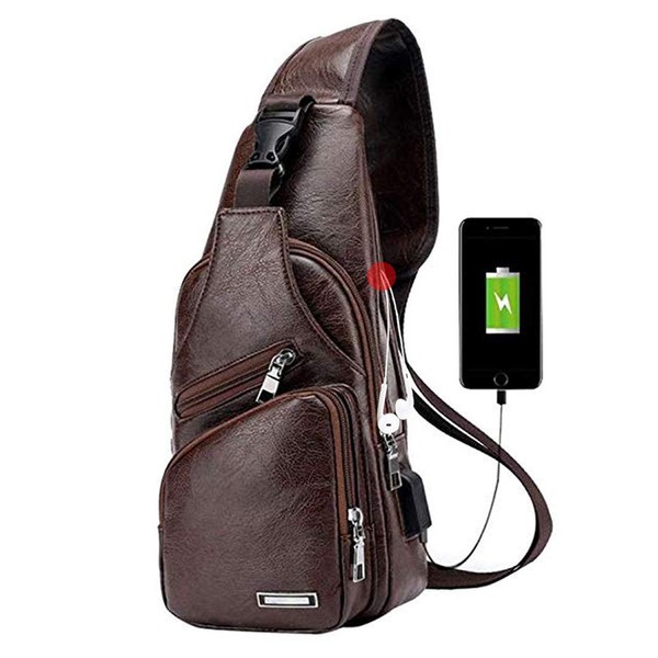 Seoky Rop Men Vintage Sling Crossbody Bag Leather Shoulder Bag with USB Charging Port Dark Brown