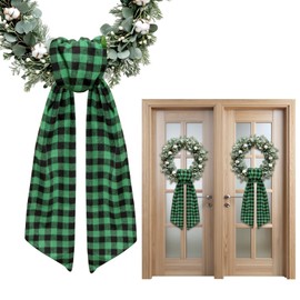 2 Pieces Christmas Wreath Sash for Front Door, Birthday Green Plaid Burlap Ribbon Sash Holiday Wreath Accessories for Baby Shower Wedding Decorations