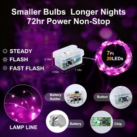 Aogist 12 Pack Fairy Lights 3 Modes 7ft 20 LED Waterproof,Battery Operated Silver Wire Firefly Starry Moon Mini String Lights for Mason Jars Christmas DIY Crafts Wedding Party Bedroom,Pink