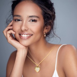 Heart Locket Link Necklace, 18K Gold With Heart Mother Of Pearl For Women