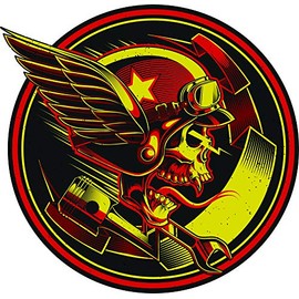 Cool Skull Motorcycle Rider Gears Tools Detailed Emblem Cartoon Vinyl Sticker (4" Wide, Red)
