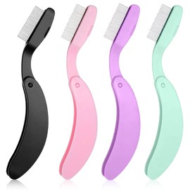 4Pcs Durable Metal Foldable Eyelash Comb with Metal Teeth Design, Eyebrow Brush and Comb for Clump-Free Mascara, Lash Separator Tool for Defined Lashes & Precise Brow Shaping（Pink+Black+Purple+Green）