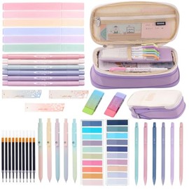 Moerstar 41 PCS Aesthetic School Stationery Set with Pen Case 12 Pastel Highlighters 6 Mechanical Pencils 5 Gel Pens Lead Refills Eraser Sticky Notes, Back to School Supplies for Students (Purple)