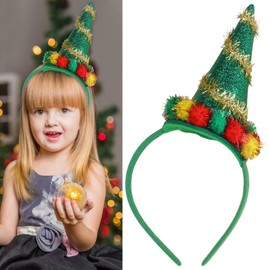 CIVFCRT Christmas Headband, with Glitter Colored Plush Balls Green Christmas Tree Hat Headband for Women Christmas Hair Decoration - One Size Fits Most (Christmas Tree Hats, 1 Size)