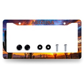 Arizona State Flag License Plate Frame Sunset Desert Cactus License Plate Holder Stainless Steel Funny Design with 2 Holes and Screws 12.3" x 6.3"