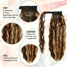 Ponytail Extension Magic Paste, 22Inch Ash Brown Highlighted Honey Blonde - Synthetic Long Wavy Curly Wrap Around Ponytail Extensions, Fluffy, Soft & Natural Hairpiece for Women Girls