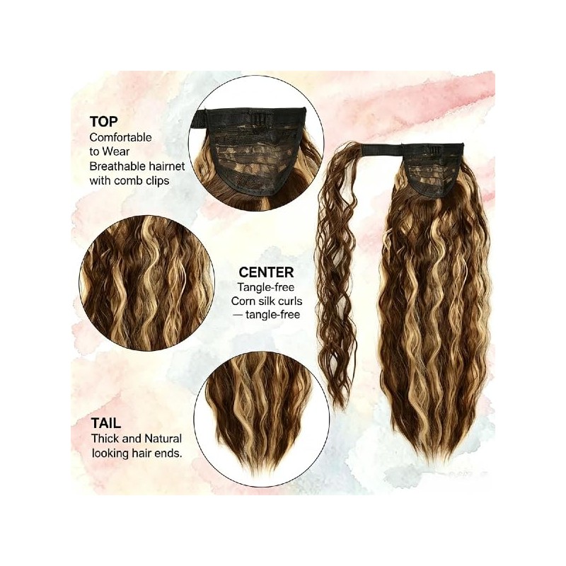Ponytail Extension Magic Paste, 22Inch Ash Brown Highlighted Honey Blonde
