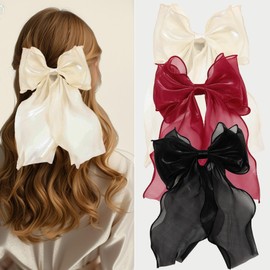 3 PCS Bow Hair Clips for Women Girls, Big Bowknot French Hair Barrette with Long Silky Satin Ribbon Solid Color Hair Bows Hair Accessories for All Hair Types