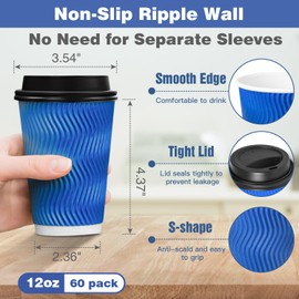 Ginkgo 60 Pack 12 oz Disposable Coffee Cups with Lids, Double Wall Insulated Ripple Paper Cups, Leak Proof To Go Coffee Cups for Hot Beverages