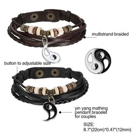 Cupimatch 2PCS Yin Yang Puzzle Matching Couples Leather Bracelet Bangle Cuff, 8.7"