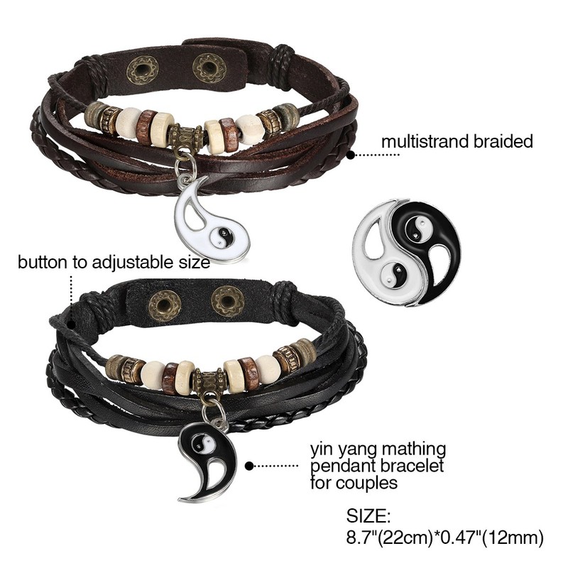 Cupimatch 2PCS Yin Yang Puzzle Matching Couples Leather Bracelet Bangle