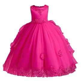 Junior Homecoming Dresses for Teen Girls: Flower Girls Sleeveless Floral Lace Tulle Princess Puffy Tulle Dress Bridesmaid Wedding Communion Party Birthday Maxi Formal Ball Gown Hot Pink 4-5T