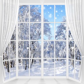 Winter Scene Backdrop Holiday Wonderland Snowflake Photography Background Window Forest Christmas Party Decoration Tree Landscape Kids Portrait Photobooth Photo Studio Props 10x10ft White
