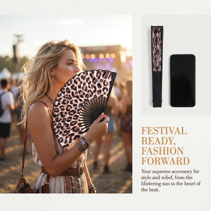 Kemay Large Foldable Clack Hand Fan Leopard Print Rave Fan