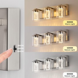 DORESshop 3-Light Brushed Nickel Bathroom Lighting Fixtures Over Mirror, LED Vanity Light for Bathroom with Crystal Bubble, White/Neutral/Warm Dimmable Vanity Lighting Fixtures with Clear Glass Shade