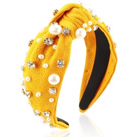 AHONEY Pearl Headband Knotted Headband for Women Girls, Rhinestone Top Knot Crystal Headband Yellow Jeweled Fashion Headpiece Boho Wide Head Band for Women's Hair Accessories
