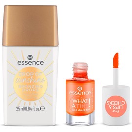 essence - Pack 2 en 1: Gotas Bronceadoras DROP OF Sunshine 25 ml + Tinte para Labios y Mejillas WHAT A TINT! 4.9 ml, Maquillaje Natural, Hidratación y Larga Duración (Peachy Vibes)