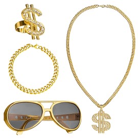 4 Piece Dollar Chain Set, Gold Chain Men, Costume, Rapper Gold Chain Costume, Hiphop Costume Set, Dollar Sign Necklace Rings Sunglasses Gold Chain Carnival for 70s, 80s, 90s, a