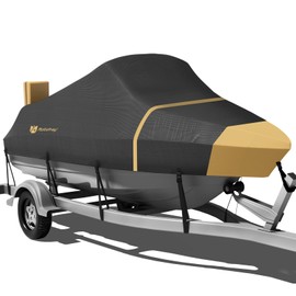 Rosefray 900D Boat Cover, Heavy Duty Waterproof Bass Boat Covers with Motor Cover Fits V-Hull/Tri-Hull/Fish/Ski/Runabout Boat,Fade-Proof Trailerable Boat Cover Fit 17'-19' L 96" Width Black/Beige