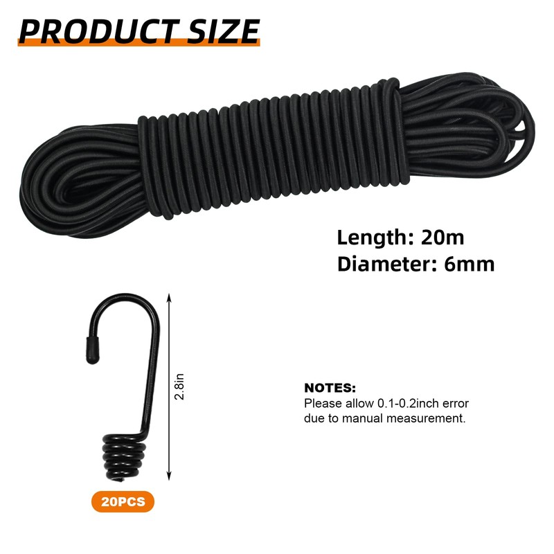 20M Elastic Cord, 1/4" Thick Shock Cord Heavy Duty 65Ft