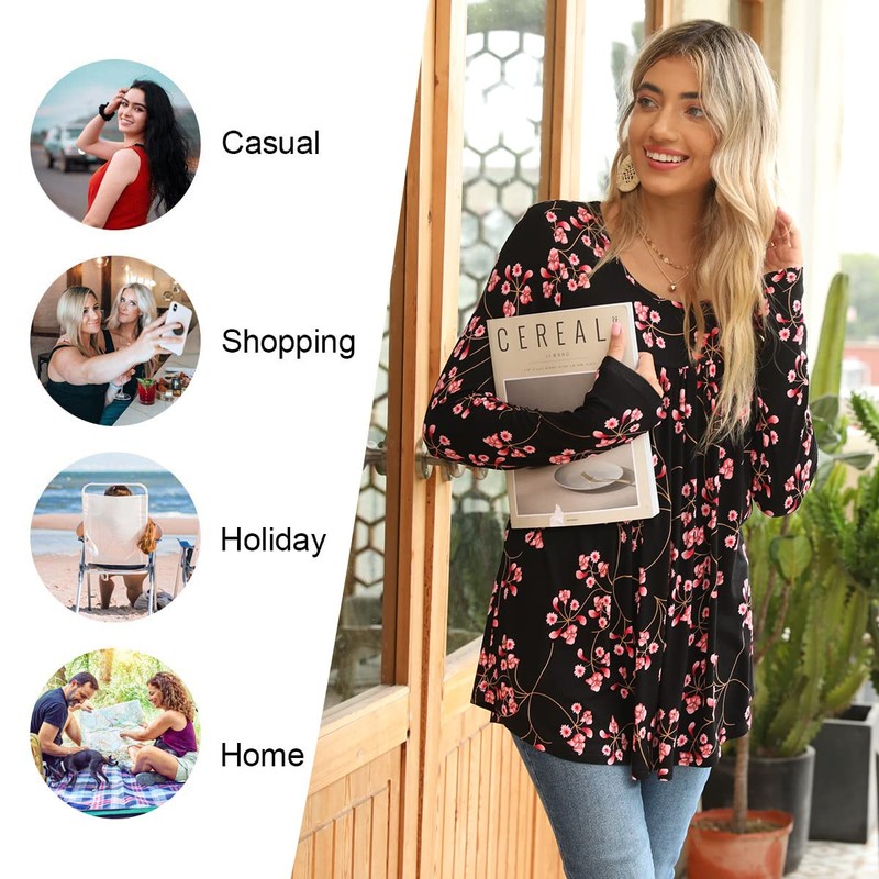 LONGYUAN Woman Stretch Tunic Soft Blouse Long Sleeve Casual Flower