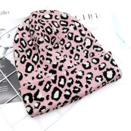 Soft Pink Leopard Print Beanie - Trendy Stretchy Acrylic Winter Hat with Fleece Lining, One Size Fits Most, Cute Casual Knit Cap for Women