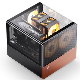 JONSBO V12 Black Micro ATX Mid Tower PC Case, Hyperboloid Glass Desktop Design, Separated Cabinet Structure,Walnut Wood,MATX Desktop Computer Chassis, GPU<260mm,ATX PSU,Front 120mm*2(Built-in) Black