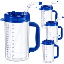 Kritkin 32 oz Hospital Water Cup with Straw and Lid Insulated Double Walled Water Cup with Handle and Straw Elderly Bottle Plastic Drinking Hospital Carafe Insulated Mug(Blue,4)