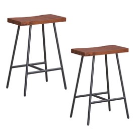 COSTWAY Industrial Bar Stools, 24-inch Backless Counter Height Saddle Stools with Footrest, Metal Legs, Adjustable Foot Pads, Barstools for Kitchen Island Cafe Restaurant, Walnut+Black (Set of 2)