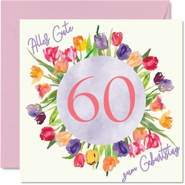 60th Birthday Card for Women - Watercolor Tulips Flowers Bouquet - Happy Birthday Cards for 60 Year Old Wife Mom Grandma Aunt, 145mm Sixty Sixtieth Birthday Greeting Cards