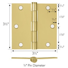 6-Pack Satin Brass Interior Door Hinges – 3.5-inch x 3.5-inch – Square Corner Radius Steel Door Hinge – Fits Standard Doors – Design House 185975
