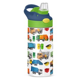 Botella de agua de acero inoxidable para niños, botella de agua aislada al aspiradora de acero inoxidable de 12 onzas para niños y niños, botellas aisladas al aspiradora de doble pared (camiones de basura)