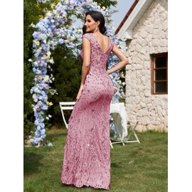 Womens Sequined Long Evening Gown Glamous Sleeveless V-Neck Mermaid Prom Dress for Wedding Party Club Occasions Pink M