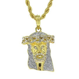 14k Gold Plated Jesus Piece Iced Up Cz Pendant 24" Rope Chain Hip Hop Necklace