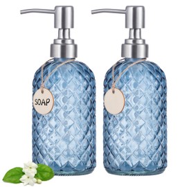 HBlife 2 Pack 16 Oz Soap Dispenser with 304 Rustproof Stainless Steel Pump, Diamond Design Kitchen Bathroom Soap Dispenser,Refillable Liquid Glass Soap Dispenser for Hand Soap, Soap, Lotion(Blue Grey)